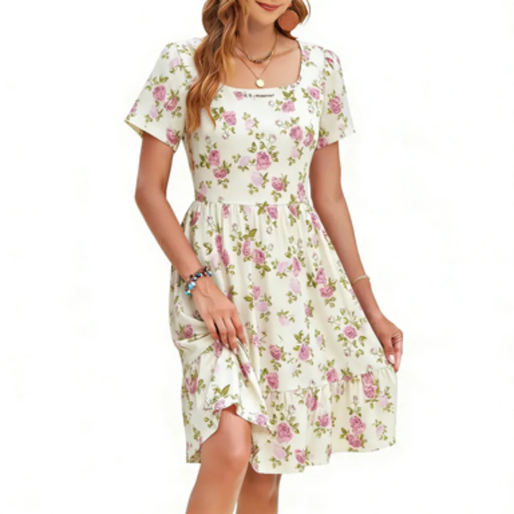 đ„Women Square Neck Floral Dress Ruffle Empire Waist A-Line Sundress with Pockets â Summer Casual Vacation Outfit