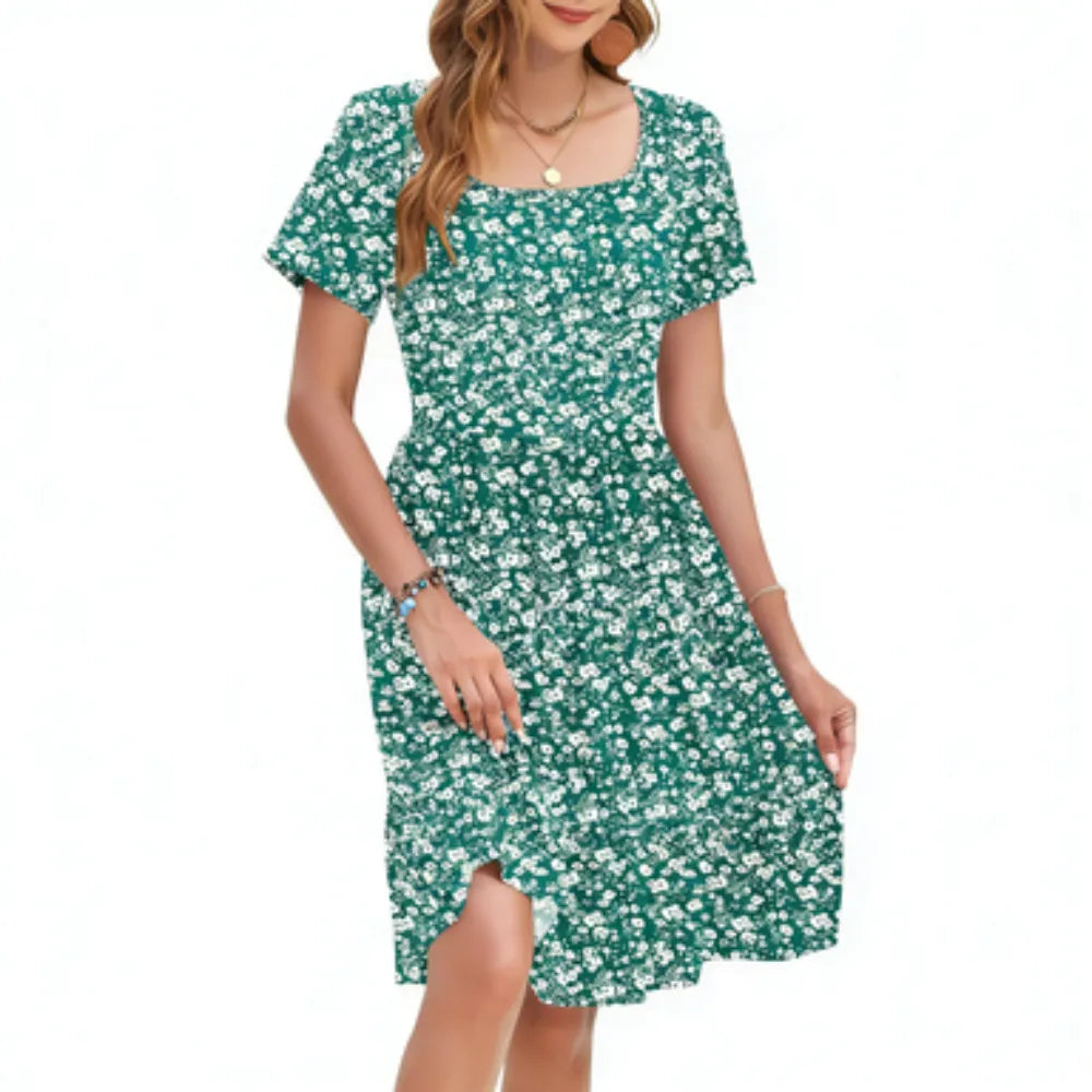 🔥Women Square Neck Floral Dress Ruffle Empire Waist A-Line Sundress with Pockets – Summer Casual Vacation Outfit