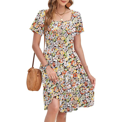 🔥Women Square Neck Floral Dress Ruffle Empire Waist A-Line Sundress with Pockets – Summer Casual Vacation Outfit