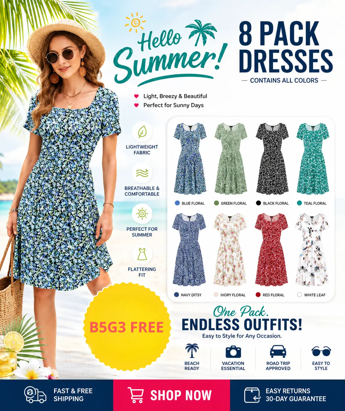 🔥Women Square Neck Floral Dress Ruffle Empire Waist A-Line Sundress with Pockets – Summer Casual Vacation Outfit