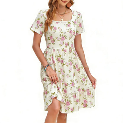 🔥Women Square Neck Floral Dress Ruffle Empire Waist A-Line Sundress with Pockets – Summer Casual Vacation Outfit